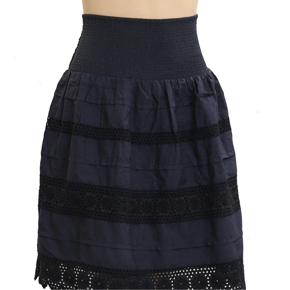 By Anthropologie Anisa Eyelet Mini Skirt Smocked Black Embroidered S NWT 283541